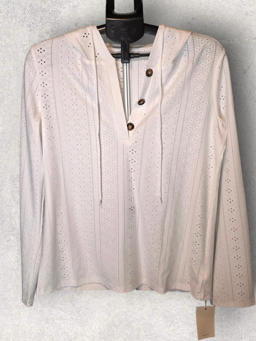 Eyelet Henley Hooded Pullover Sweatshirt - White